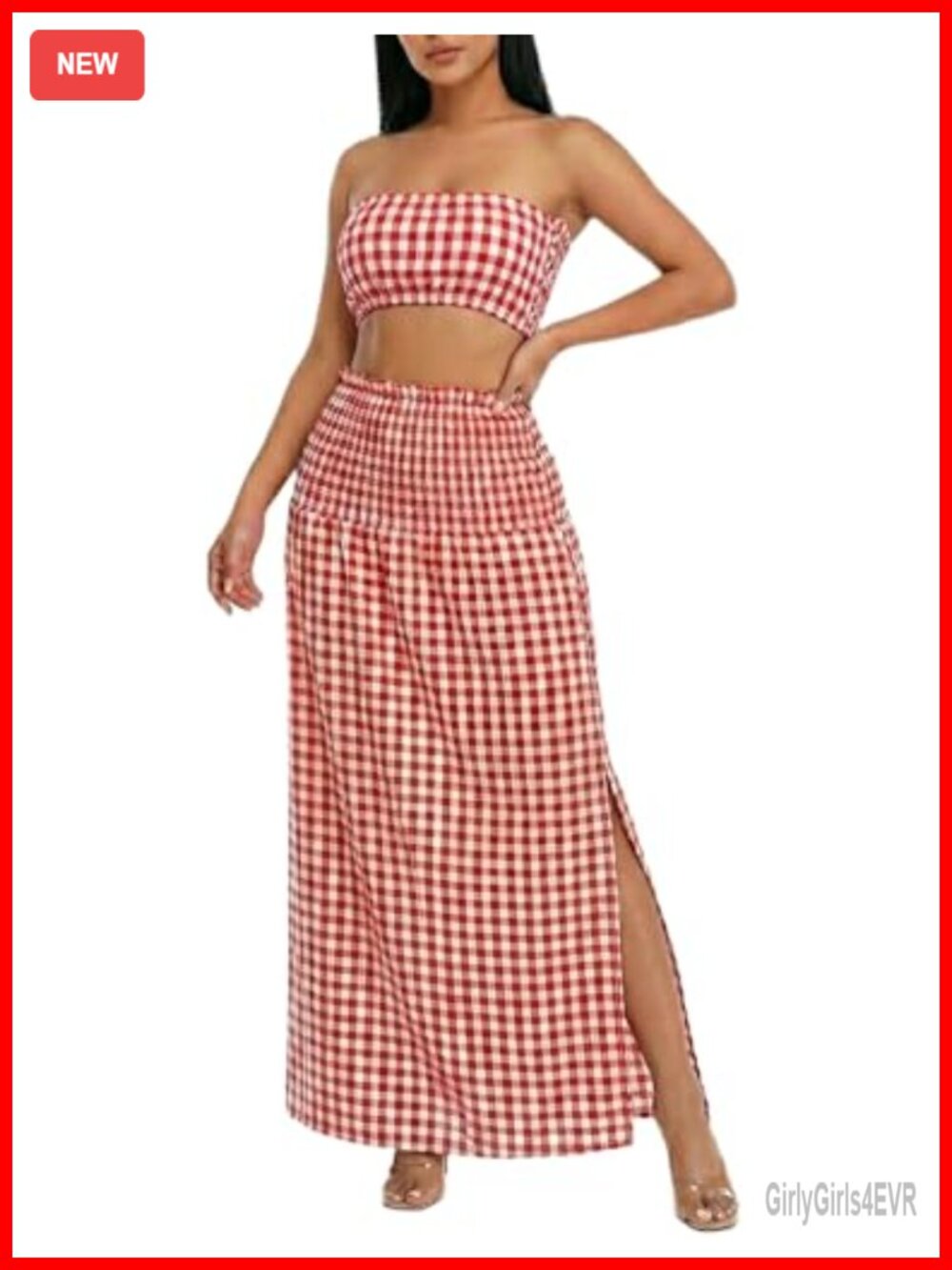 Womens 2 Piece Gingham Tube Top Bandeau A-Line Maxi Skirt Set Sexy Vacation